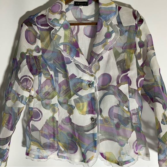 Y.R. Imports Floral Purple, Plum White, Blue Long Sleeve Semi-Sheer Blouse Sz - Picture 11 of 16
